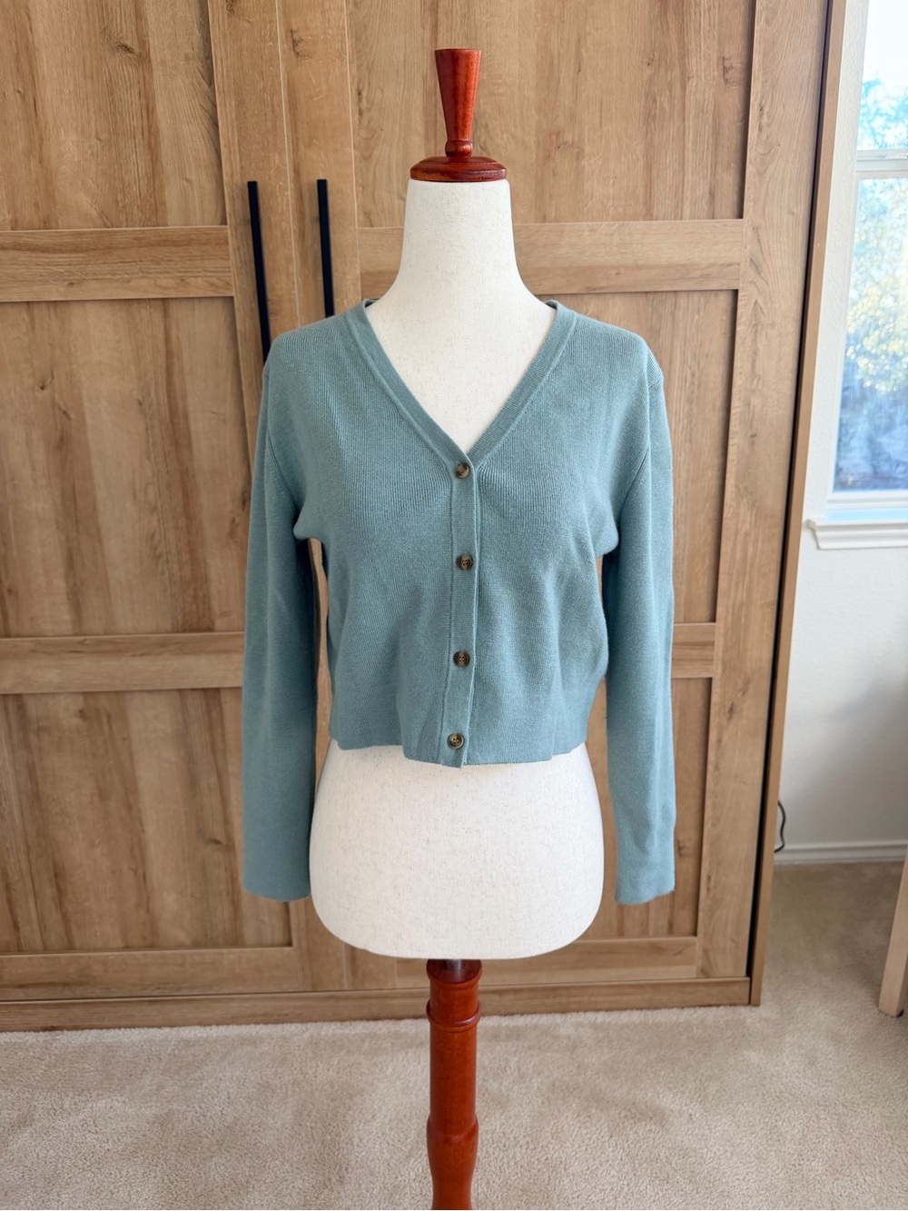 Love Bonito Cropped V-Neck Button Front Sweater Cardigan - Sage